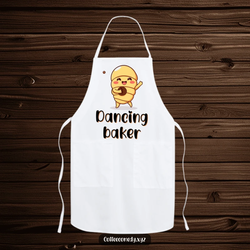 Funny Kawaii Croissant Apron: A joyful character dancing with a coffee bean, perfect for adding humor to kitchen activities.