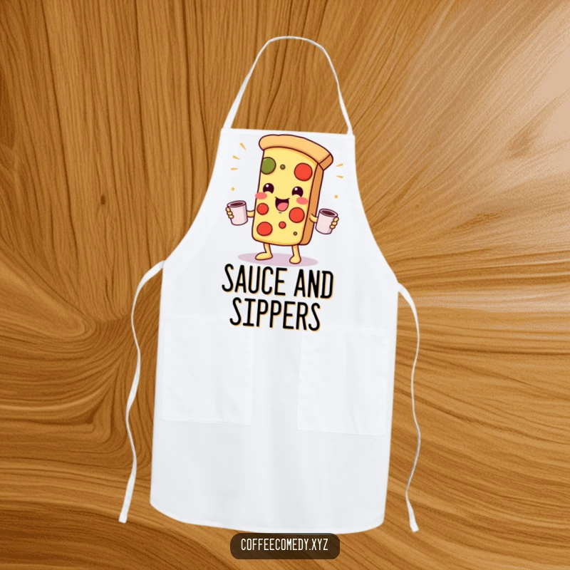 Funny Kawaii Pizza Apron: A playful pizza character juggling coffee mugs, perfect for adding humor to kitchen activities.