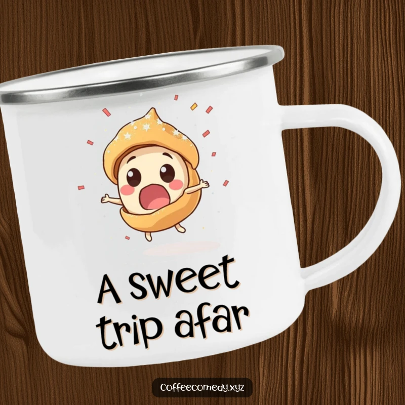Funny Kawaii pastry character spinning rapidly on a camping mug. A humorous and durable companion for outdoor dessert lovers.