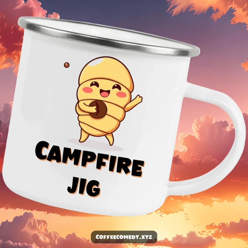 Funny Kawaii Croissant Camping Mug: A joyful character dancing with a coffee bean, perfect for camp coffee and outdoor fun.