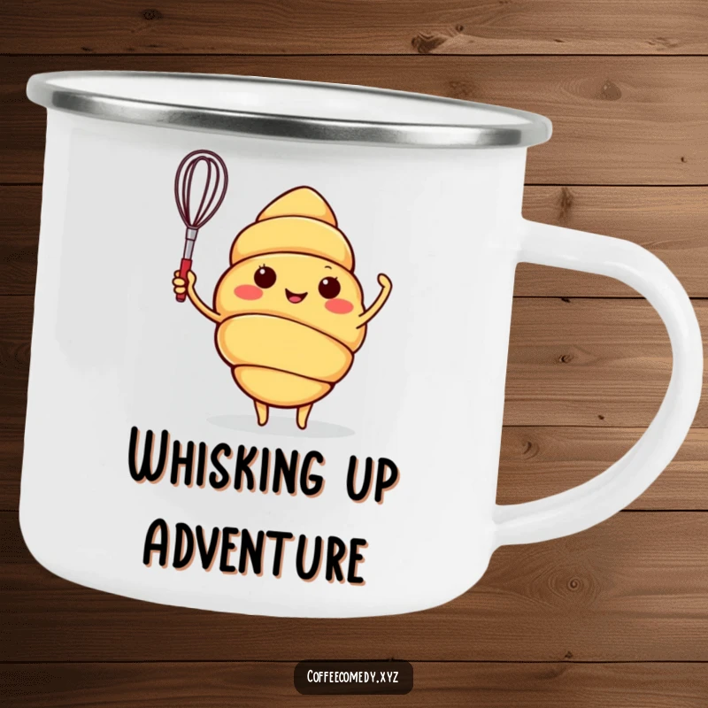 Funny camping mug with a happy croissant character waving a miniature whisk, sturdy for outdoor fun and smiles.