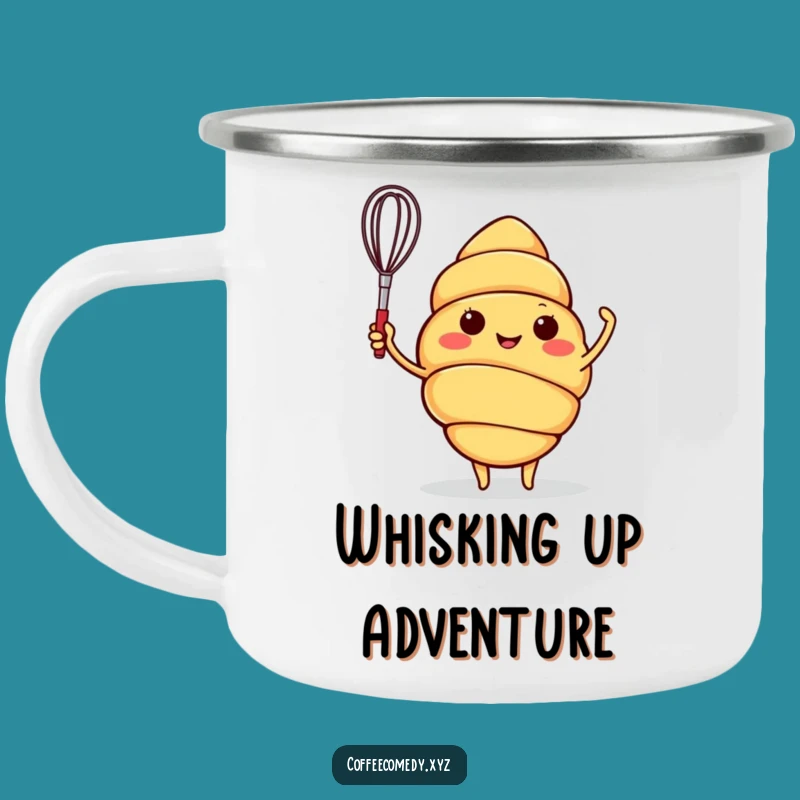 Funny Croissant Camping Mug: Cheerful Waving Baker Character, Durable & Fun Funny Gift