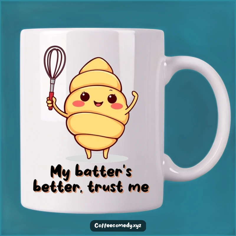 Funny Croissant Mug: Cheerful Baker Character Waving Whisk, Perfect Funny Gift for Pastry Lovers