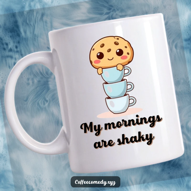 Funny cookie mug showing a mischievous character precariously stacking small espresso cups, capturing caffeine-fueled fun.