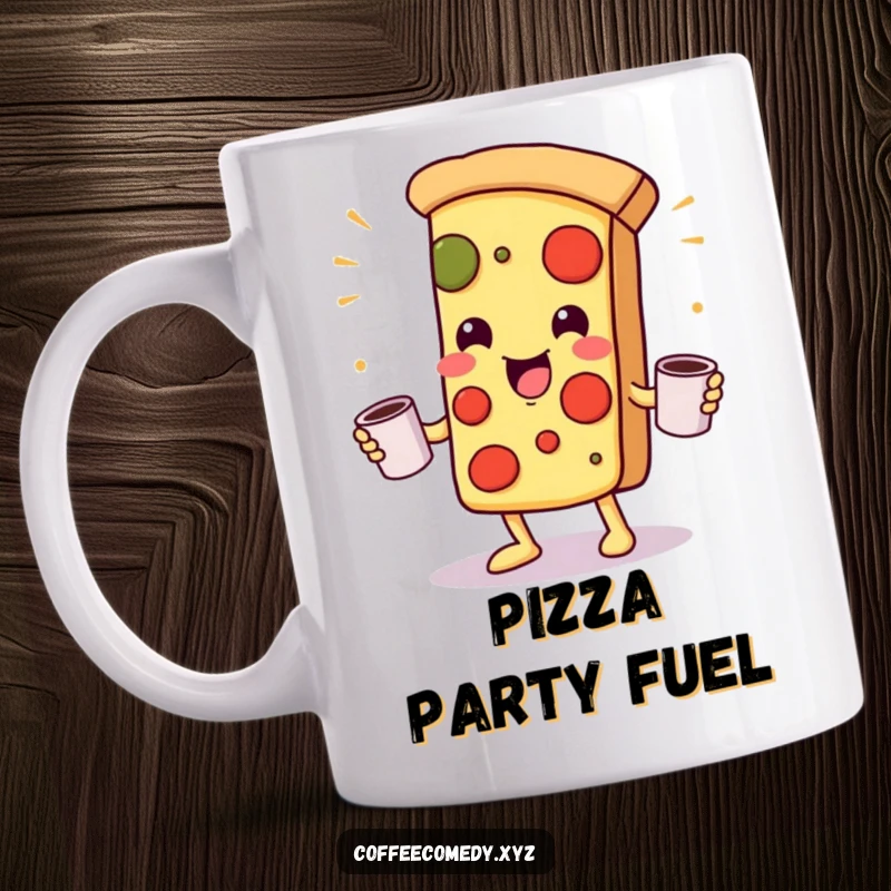 Funny Kawaii Pizza Mug: A playful pizza character juggling coffee mugs, showcasing the humorous challenge of keeping caffeine levels up.