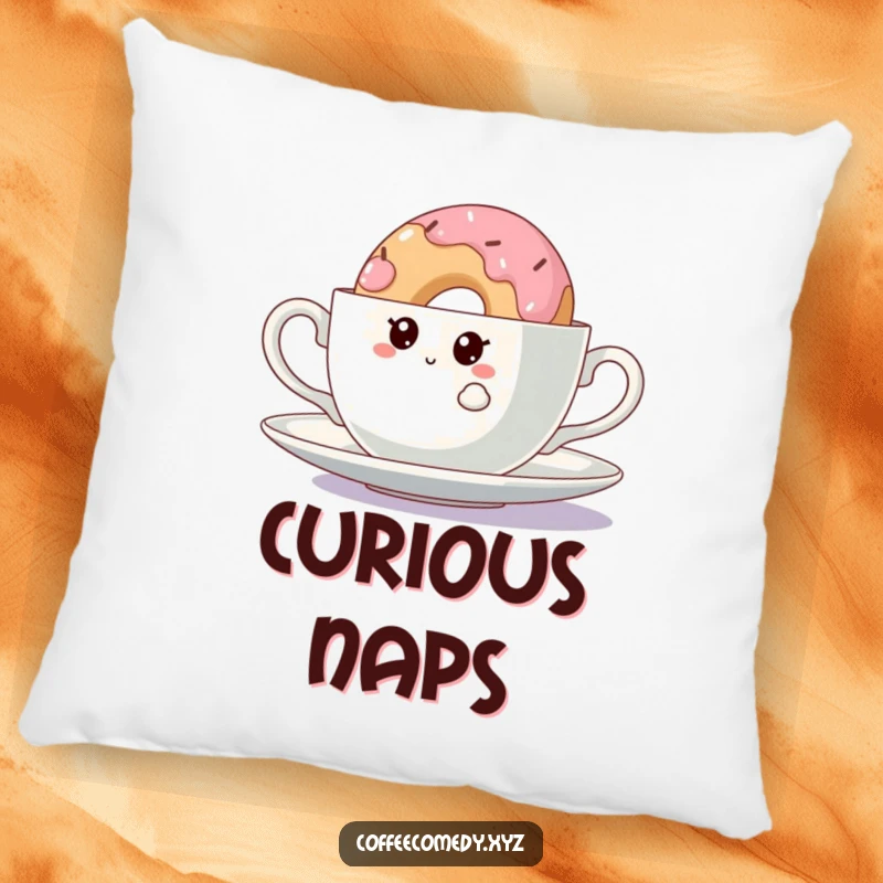 Funny Kawaii Doughnut Pillow: A soft pillow with a curious doughnut character peeking from behind a teacup, perfect for cozy moments.