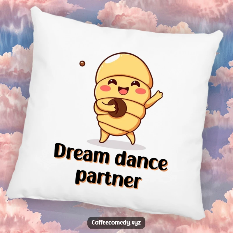 Funny Kawaii Croissant Pillow: A soft pillow with a joyful croissant character dancing with a coffee bean, perfect for cozy moments.