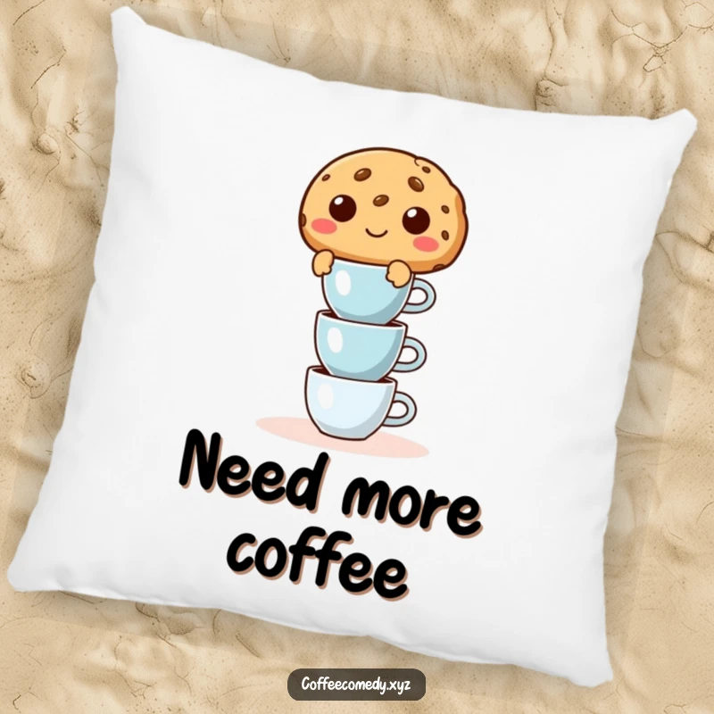 Funny pillow with a mischievous cookie character balancing small espresso cups, offering comfort and a hint of caffeine-fueled mischief.