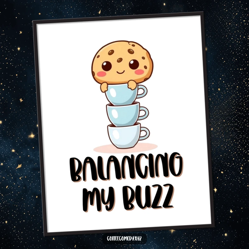 Funny digital art of a mischievous cookie character balancing small espresso cups, perfect for digital frames or sharing.