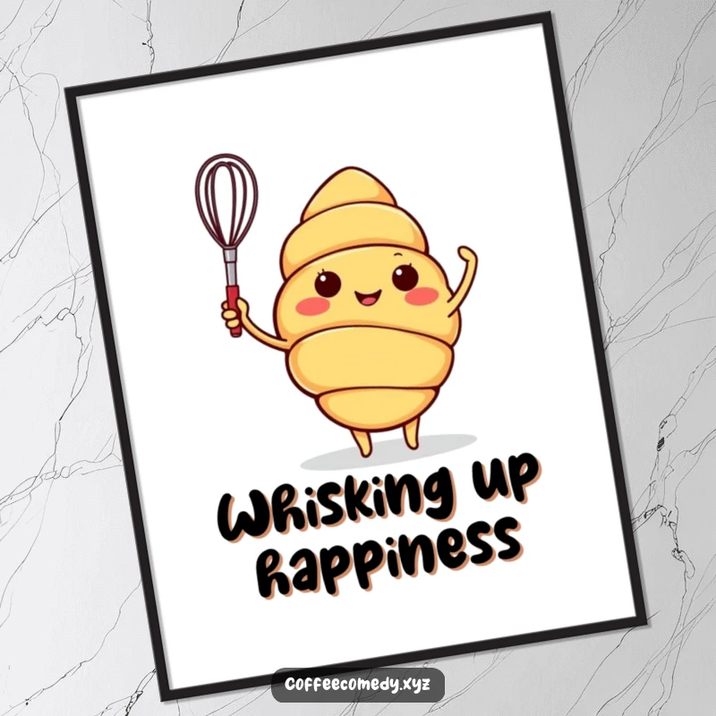 Funny digital art of a happy croissant character waving a small whisk, perfect for digital frames or online sharing.
