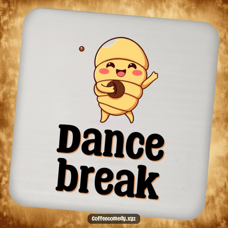 Funny Kawaii Croissant Coaster: A joyful character dancing with a coffee bean, protecting tables with breakfast-themed humor.