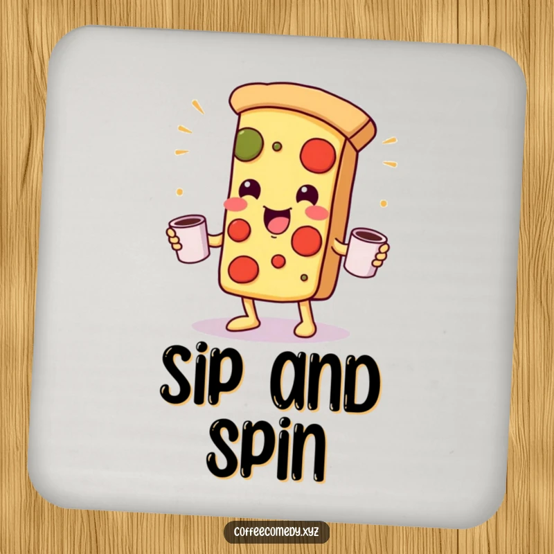 Funny Kawaii Pizza Coaster: A playful pizza character juggling coffee mugs, protecting tables with food and caffeine-themed humor.