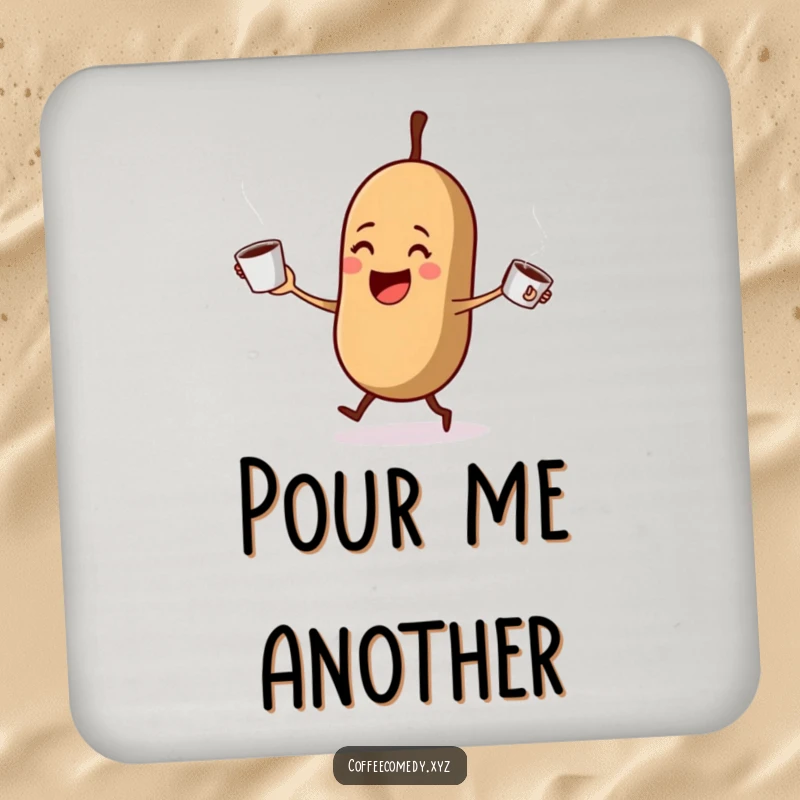 Funny Kawaii coffee bean juggling steaming coffee cups on a drink coaster. A humorous and protective accessory.