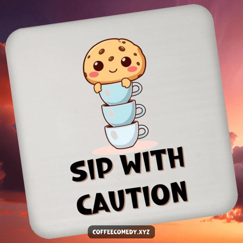 Funny drink coaster with a mischievous cookie character balancing small espresso cups, adding a splash of coffee humor.