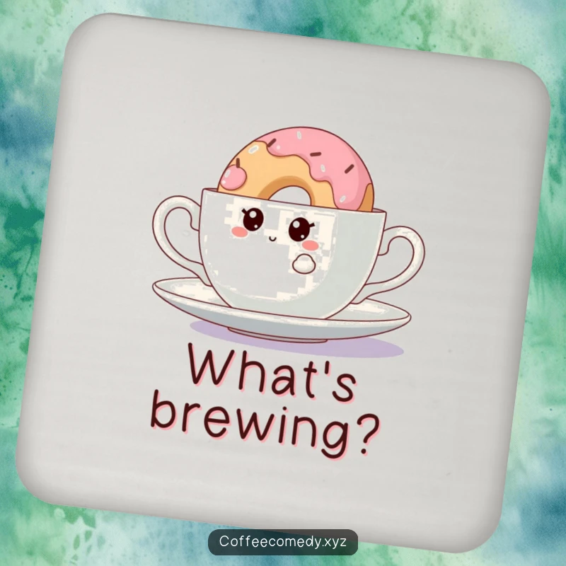 Funny Kawaii Doughnut Coaster: A curious doughnut character peeking from behind a teacup, protecting tables with sweet-themed humor.
