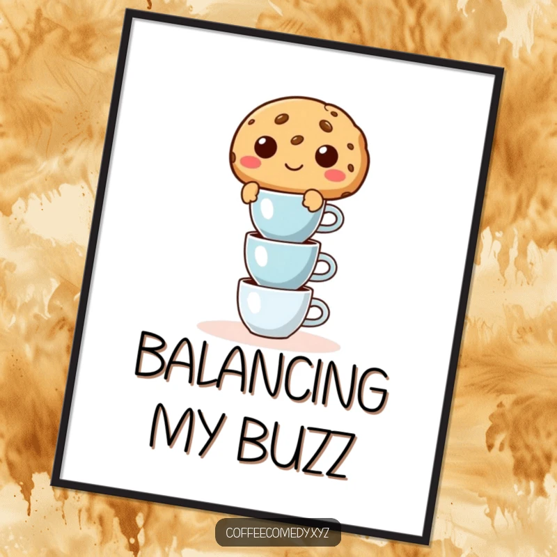 Funny poster art of a mischievous cookie character precariously balancing a pile of tiny espresso cups, perfect for coffee bars.