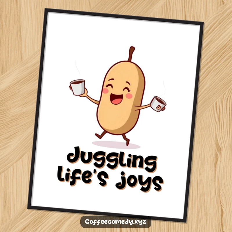 Funny Kawaii coffee bean character joyfully juggling three steaming coffee cups on a poster. A humorous and vibrant wall art.