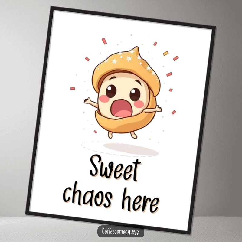 Funny Kawaii pastry character spinning rapidly, showering powdered sugar like confetti on a poster. A humorous and vibrant wall art.