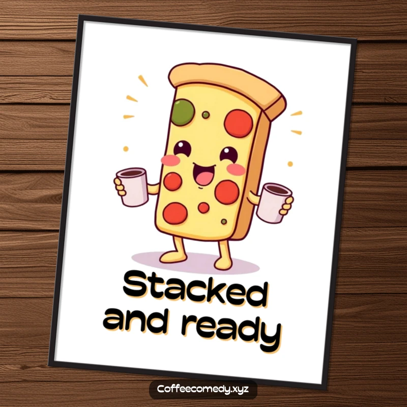 Funny Kawaii Pizza Poster: A playful pizza character juggling coffee mugs, adding humorous and energetic wall art to kitchens.