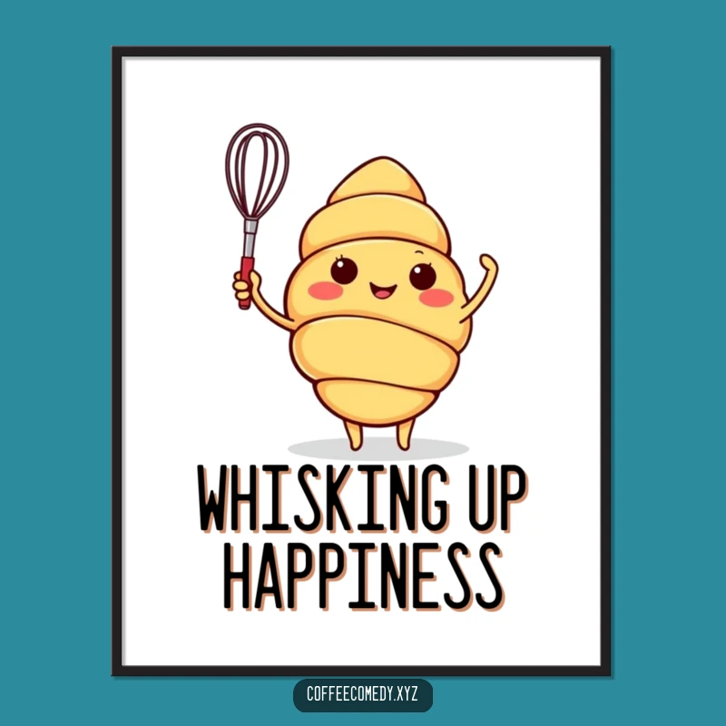 Funny Croissant Poster: Cheerful Waving Baker Character Art, Vibrant Funny Gift for Walls