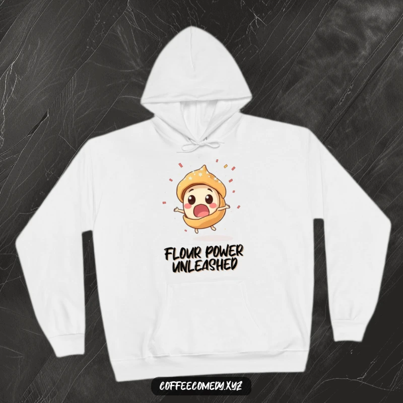Funny Kawaii pastry character spinning rapidly, spilling powdered sugar, featured on a cozy hoodie. A humorous and warm apparel choice.