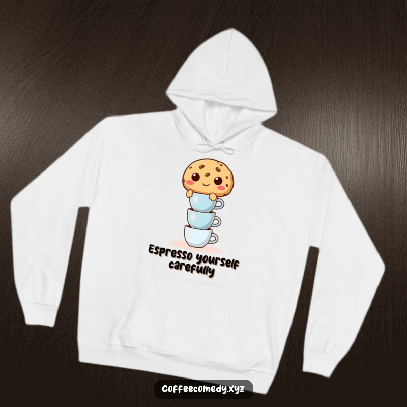 Funny hoodie depicting a mischievous cookie character balancing a precarious stack of miniature espresso cups, perfect for cozy, humorous moments.