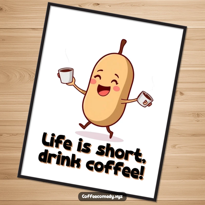 Funny free printable wall art: A delighted coffee bean juggling steaming cups, bringing caffeinated humor and vibrant energy.