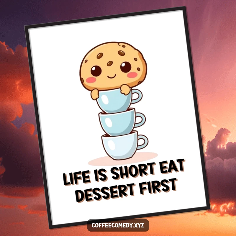 Funny Free Printable Wall Art: A mischievous cookie character dangerously balances a stack of tiny espresso cups, bringing coffee humor to your wall.
