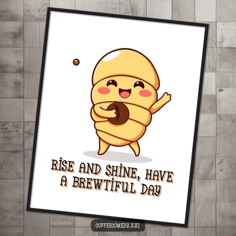 Funny Free Printable Kawaii croissant wall art dancing with a coffee bean, great for adding whimsical, foodie humor to any space, downloadable.