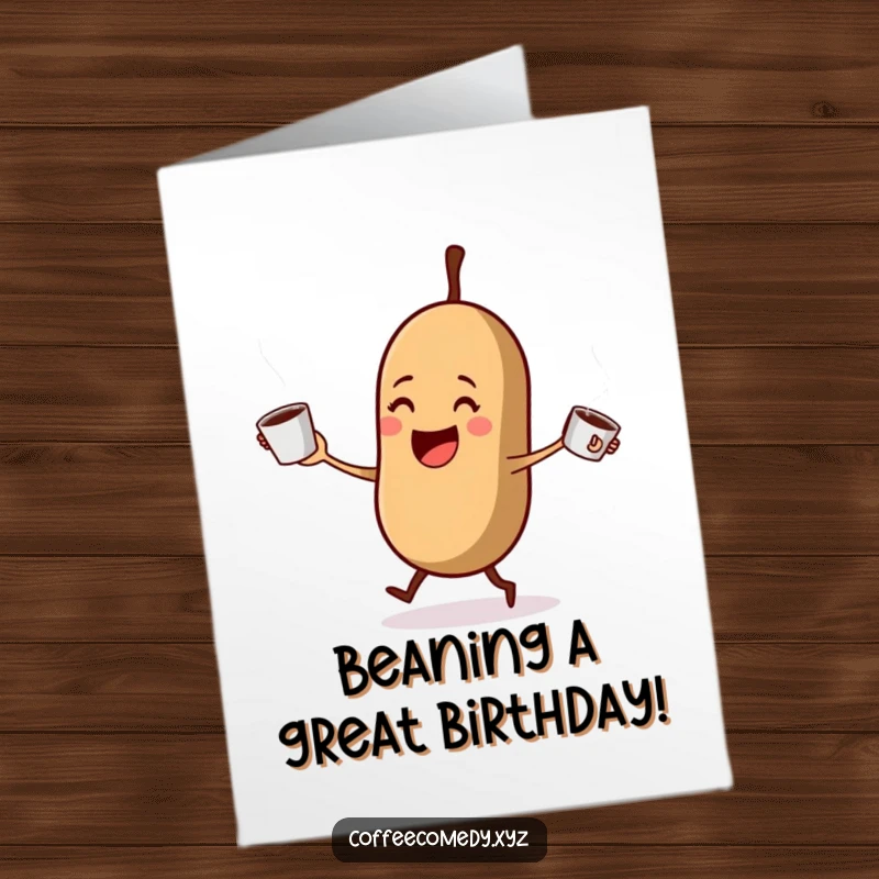 Funny free printable birthday card: A delighted coffee bean joyfully juggling steaming coffee cups, wishing you a great birthday.