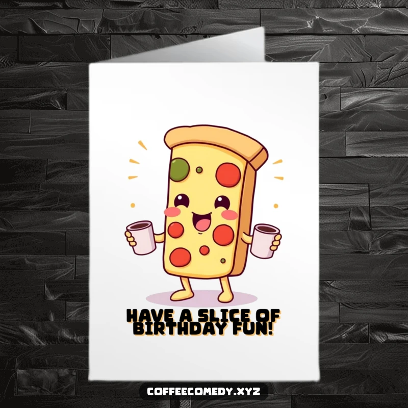 Funny Free Printable Kawaii pizza slice character juggling coffee mugs, celebrating birthday with playful, caffeinated energy, a fun downloadable.