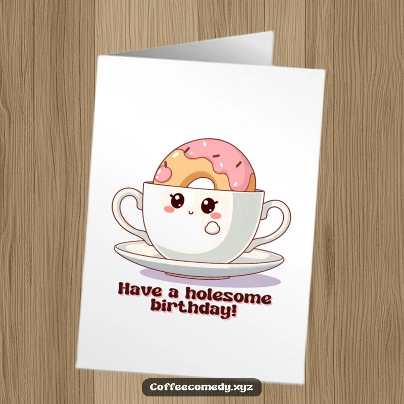 Funny Free Printable Kawaii doughnut character peeking curiously from behind a large teacup, wishing a sweet and humorous happy birthday, downloadable.