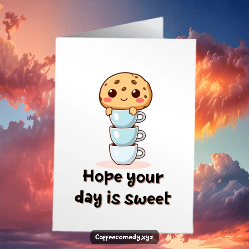 Funny Free Printable Birthday Card: A mischievous cookie character teeters with tiny espresso cups, perfect for a coffee lover's big day.