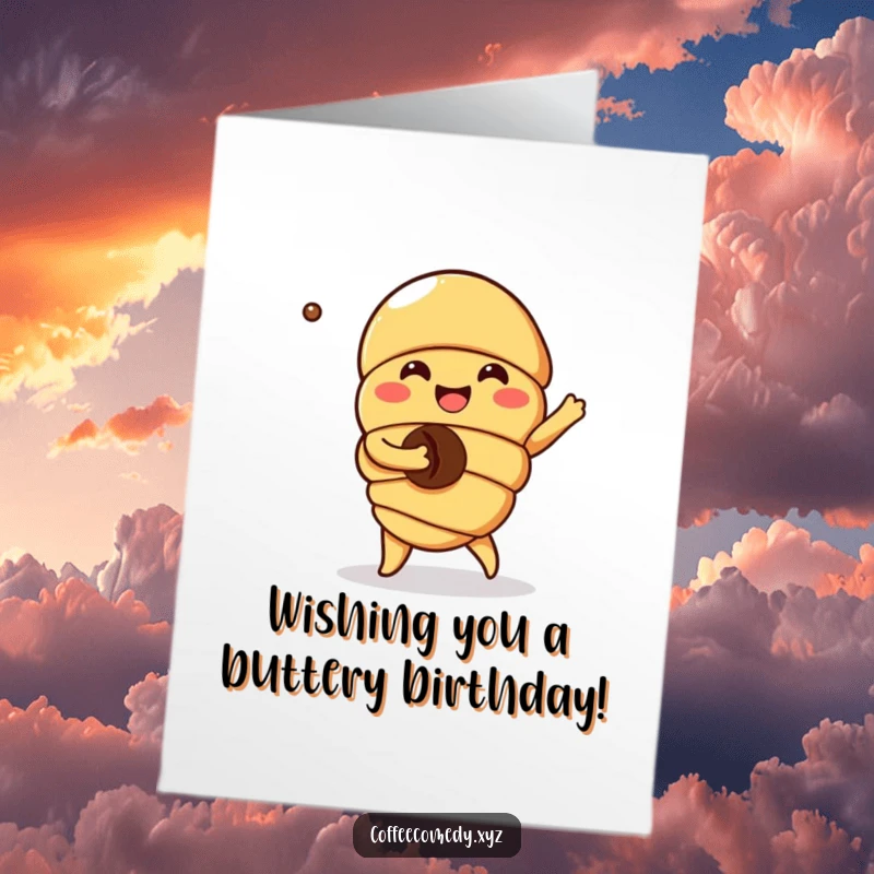 Funny Free Printable Kawaii croissant card dancing with a coffee bean, wishing happy birthday with joyful energy, a fun downloadable.