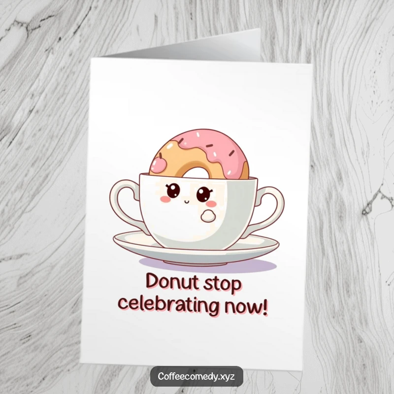 Funny Free Printable Kawaii doughnut peeking from behind a teacup, celebrating congratulations with a sweet and humorous surprise, downloadable.