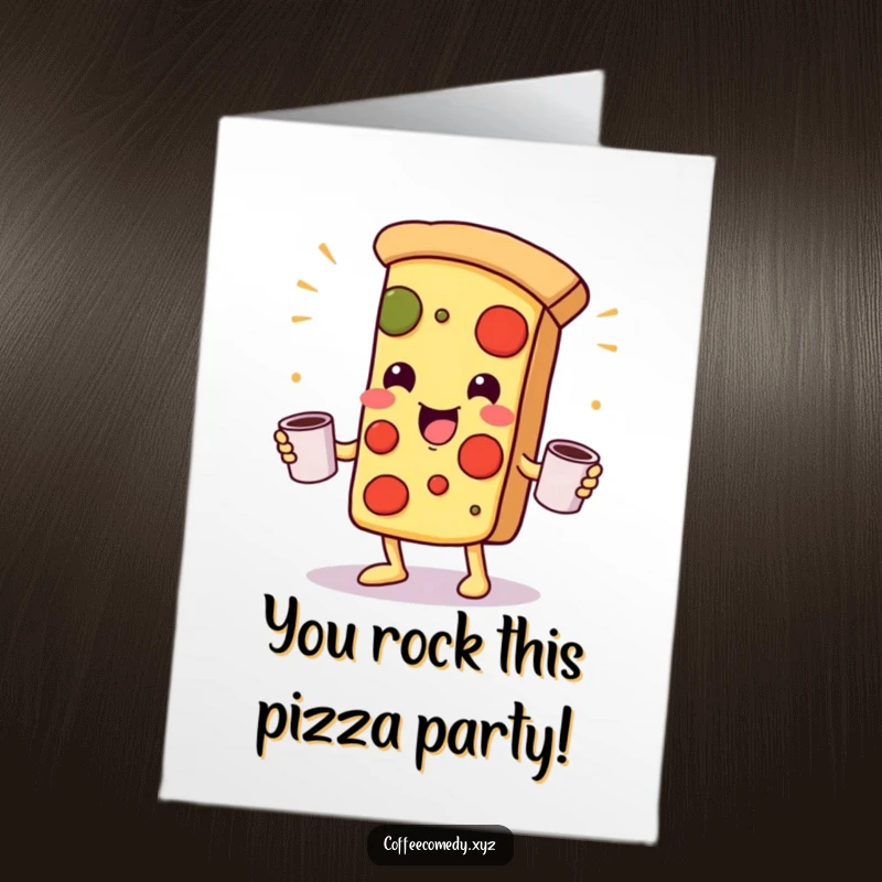 Funny Free Printable Kawaii pizza juggling coffee mugs, celebrating congratulations with impressive skill and humor, a downloadable choice.