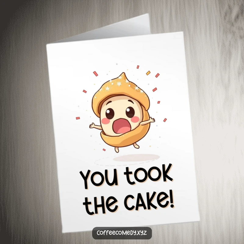 Funny free printable congratulations card: A surprised pastry character spinning, showering powdered sugar like confetti for your achievement.