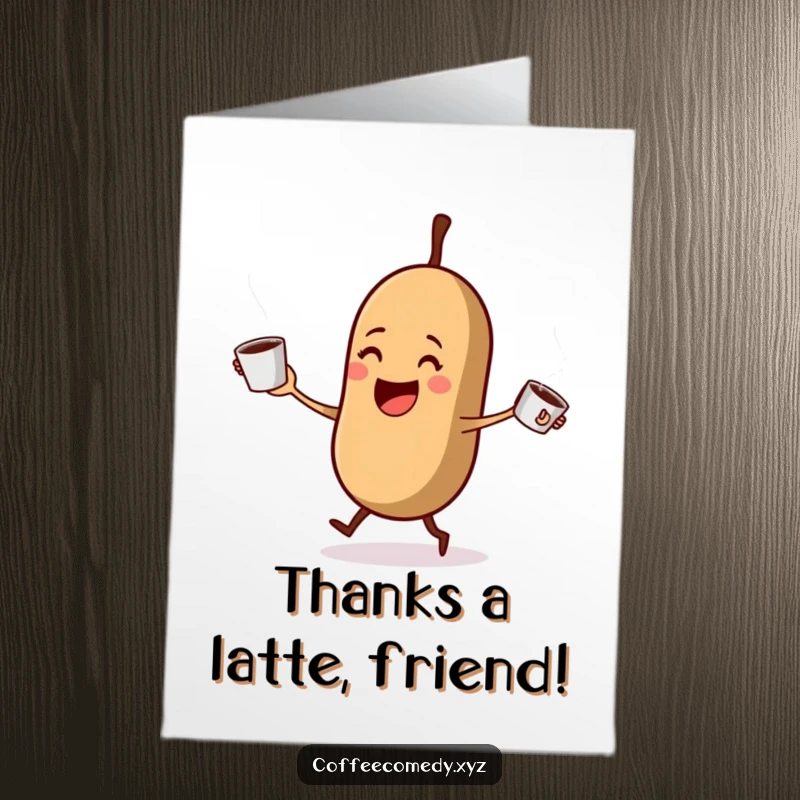 Funny free printable thank you card: A delighted coffee bean juggling steaming cups, offering caffeinated thanks.