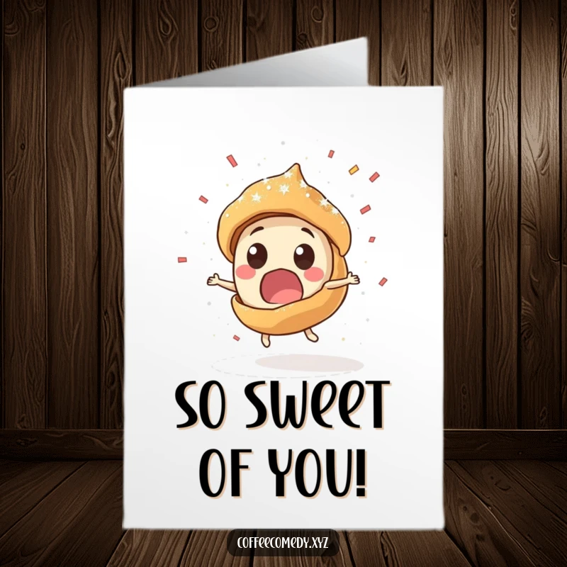 Funny free printable thank you card: A surprised pastry character spinning, showering powdered sugar like confetti in thanks.