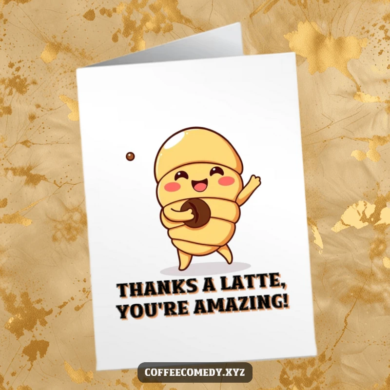 Funny Free Printable Kawaii croissant card dancing happily with a coffee bean, saying thank you with a sweet, humorous touch, downloadable.