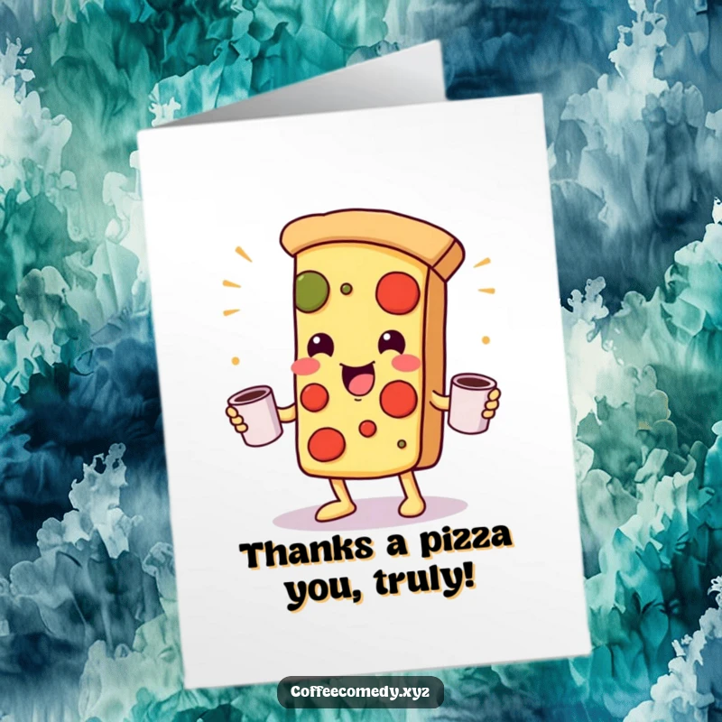Funny Free Printable Kawaii pizza slice character juggling coffee mugs, offering thanks with a cheerful and energetic demeanor, downloadable.