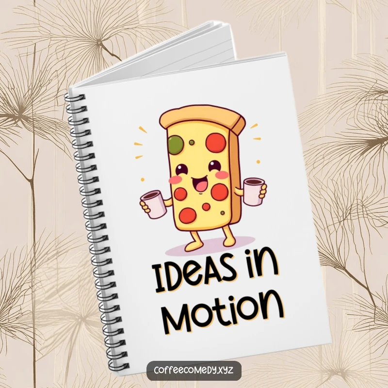 Funny Kawaii Pizza Notebook: A playful pizza character juggling coffee mugs, perfect for writing recipes and culinary notes.
