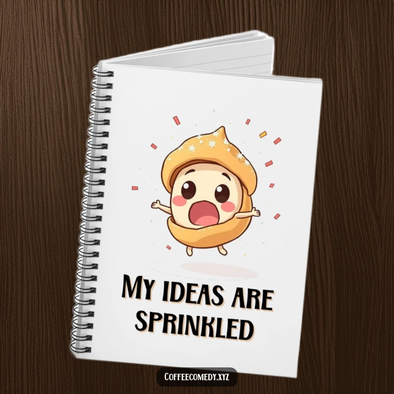 Funny Kawaii pastry character spinning rapidly on a notebook cover. A humorous and inspiring tool for jotting down ideas.