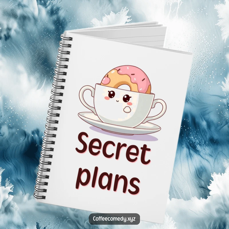 Funny Kawaii Doughnut Notebook: A curious doughnut character peeking from behind a teacup, perfect for writing recipes and sweet notes.