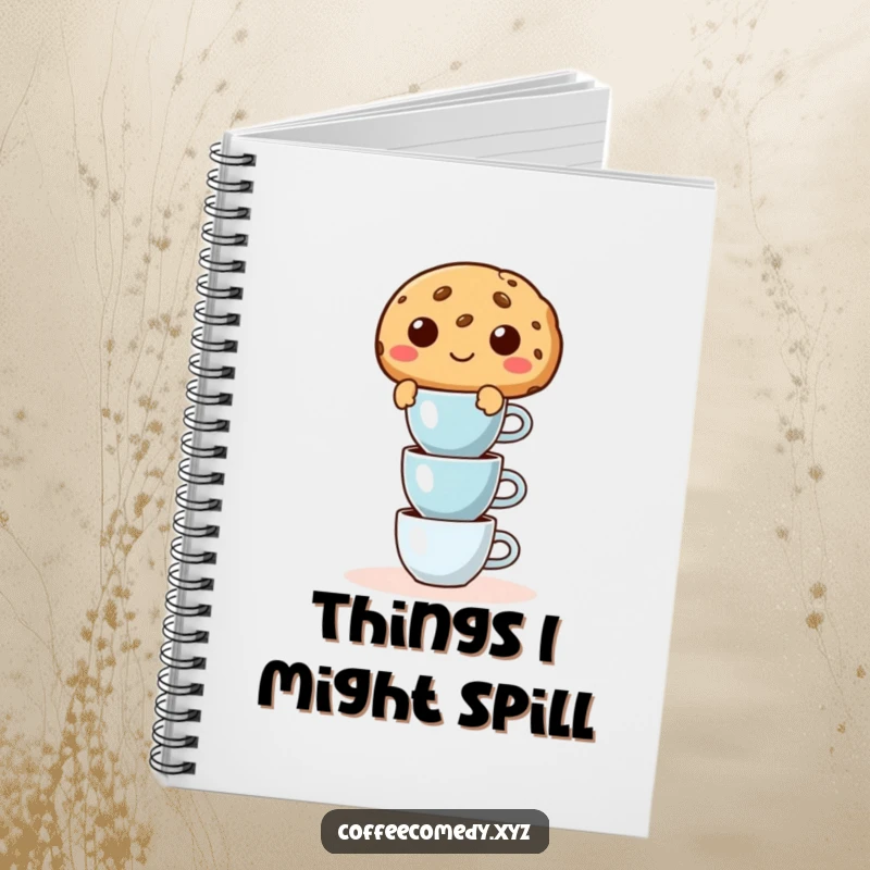 Funny notebook with a mischievous cookie character balancing small espresso cups, perfect for jotting down coffee orders or ideas.