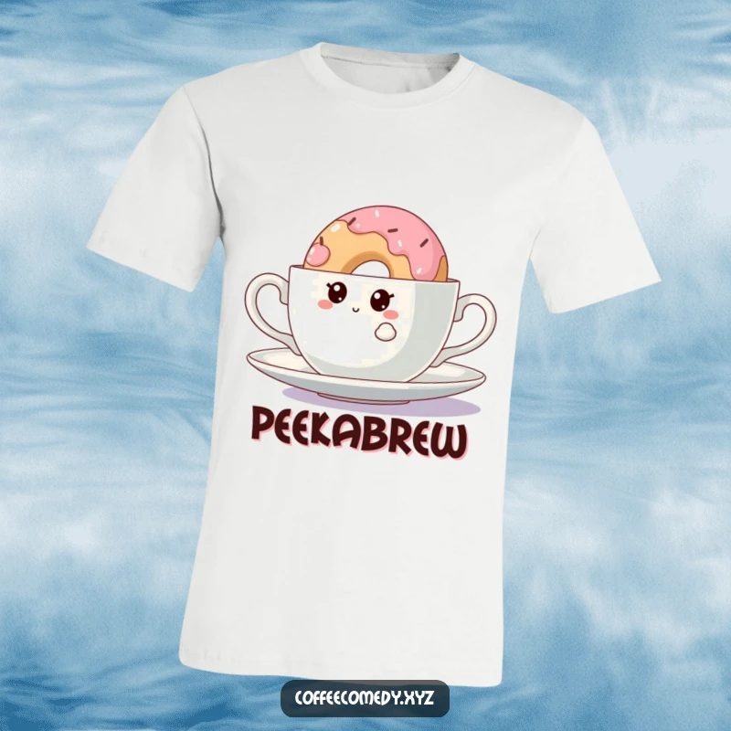 Funny Kawaii Doughnut T-Shirt: A curious character peeking from behind a teacup, perfect for showcasing a love for sweets and humor.