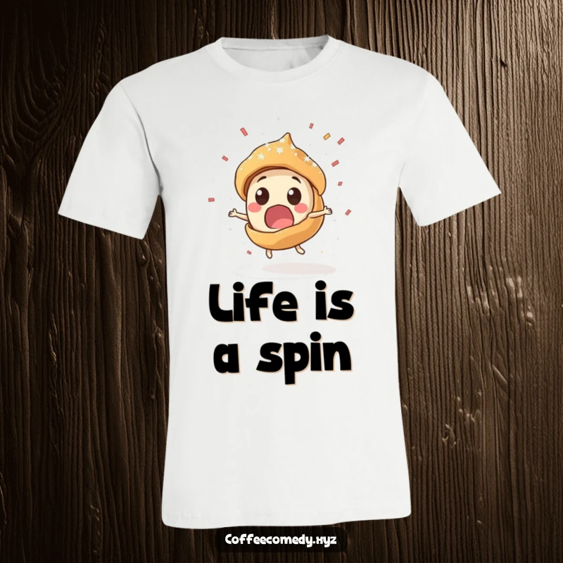 Funny Kawaii pastry character spinning rapidly, showering powdered sugar like confetti on a t-shirt. Humorous apparel for dessert lovers.