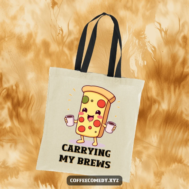 Funny Kawaii Pizza Tote Bag: A playful pizza character juggling coffee mugs, perfect for carrying everyday items with food and coffee humor.