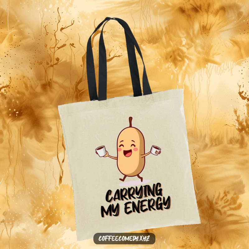 Funny Kawaii coffee bean juggling steaming coffee cups on a tote bag. A humorous and practical accessory for coffee lovers.