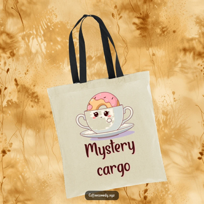 Funny Kawaii Doughnut Tote Bag: A curious doughnut character peeking from behind a teacup, perfect for carrying daily items with humor.